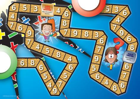 Blue gameboard with gold path covered with numbers, and cute cartoon characters