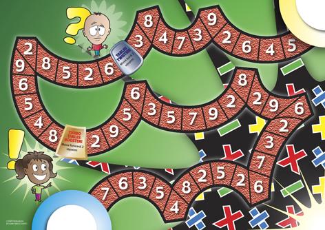 Green gameboard with red path covered with numbers, and cute cartoon characters