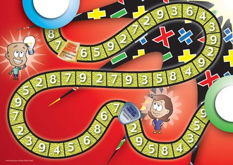 Red gameboard with green path covered with numbers, and cute cartoon characters