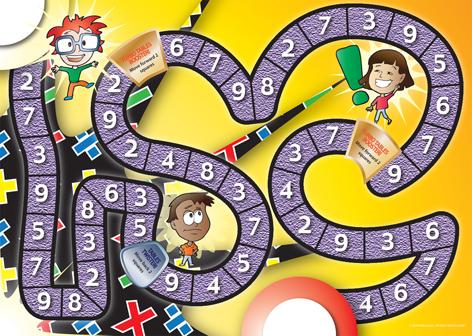 Yellow gameboard with purple path covered with numbers, and cute cartoon characters