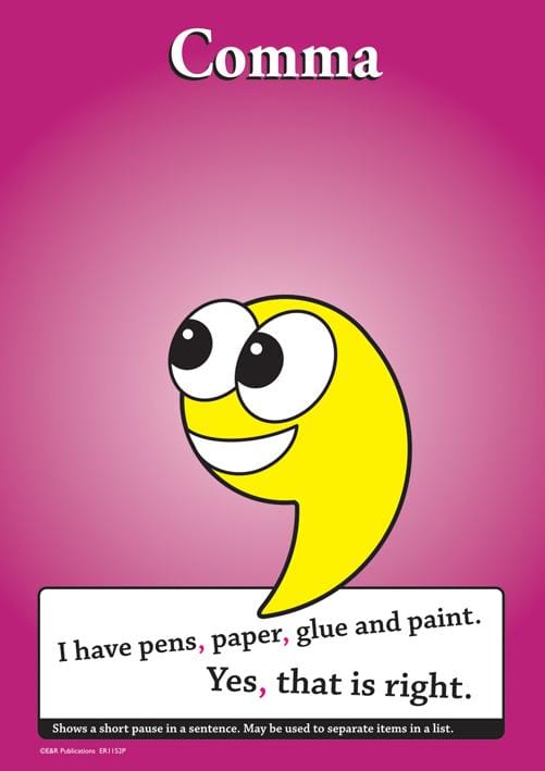 Punctuation poster showing the comma, pink and yellow, with example text.