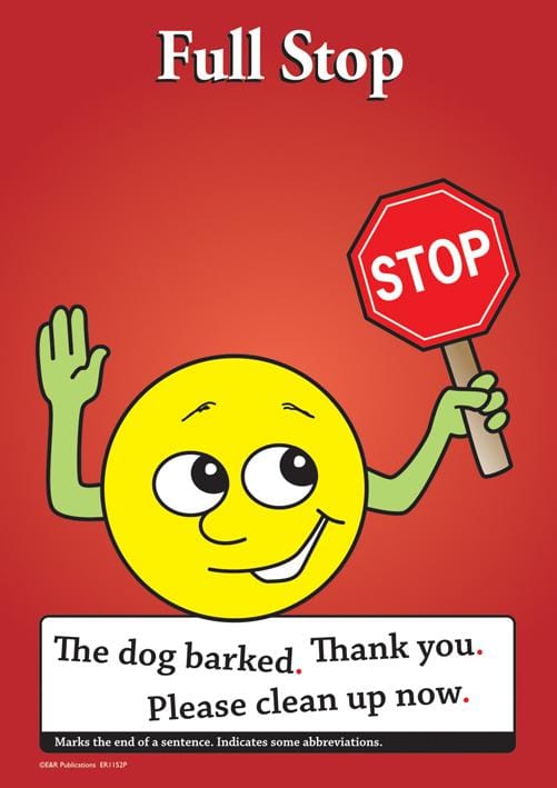 Punctuation poster showing the full stop, red and yellow, with example text.