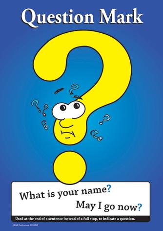 Punctuation poster showing the question mark, blue and yellow, with example text.