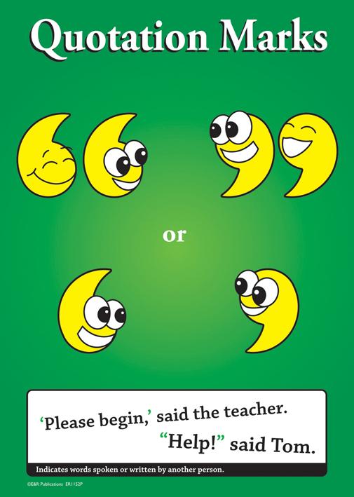 Punctuation poster showing quotation marks, green and yellow, with example text.