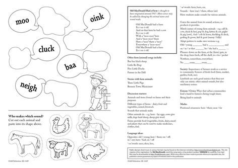Black and white Old MacDonald Had a Farm children's activity page plus teacher's lesson ideas