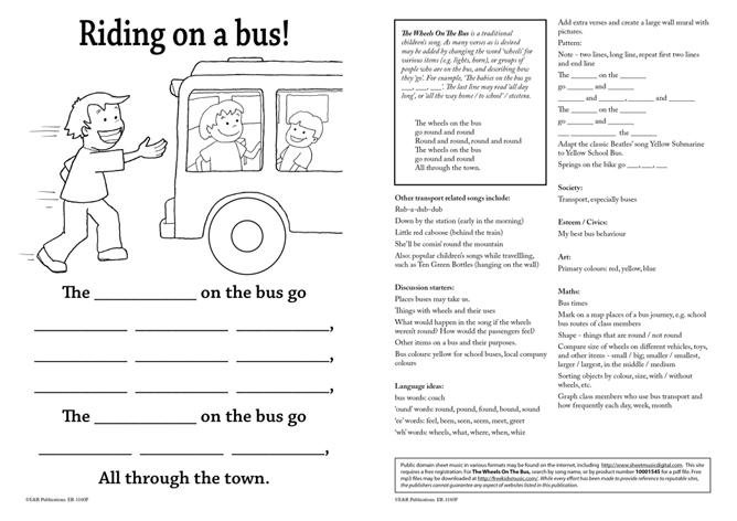 Black and white The Wheels on the Bus children's activity page plus teacher's lesson ideas