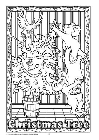 Australian Christmas tree being decorated by koalas and cockatoo