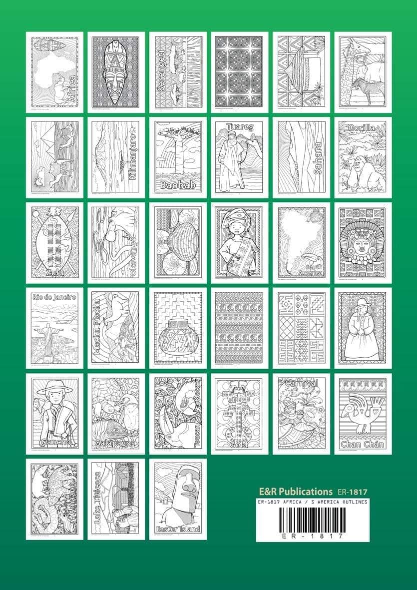 Thumbnails of all 33 pages in Africa and South America themed colouring book