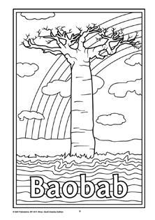 Black and white line drawing colouring in page showing Baobab tree with rainbow and clouds