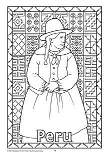 Black and white colouring in page showing girl from Peru in traditional dress, and background of traditional South American patterns