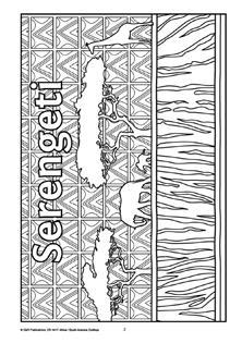 Black and white colouring in page showing trees and animals in the Serengeti, decorated with traditional patterns and zebra stripes