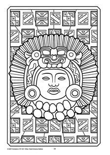 Black and white colouring in page showing ancient South American mask, on a background of traditional patterns