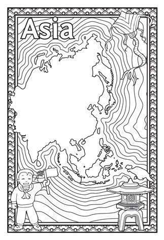Black and white map colouring page with flow lines, chinese boy character, asian kite and statue