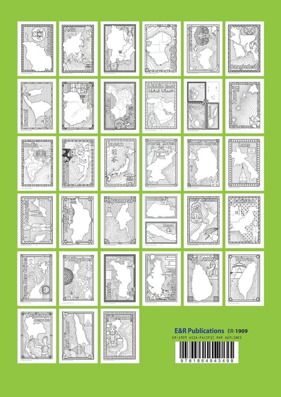 Thumbnails of all 33 pages in Asia Pacific themed colouring book