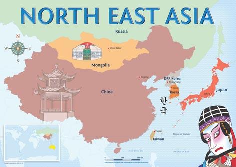 North East Asia map, China, Mongolia, Taiwan, Korea, Japan