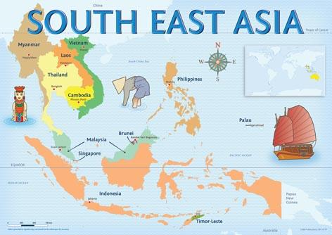 South East Asia map, Indonesia, Malaysia, Singapore, Philippines, Thailand, Cambodia, Vietnam, Myanmar, Laos, Timor-Leste