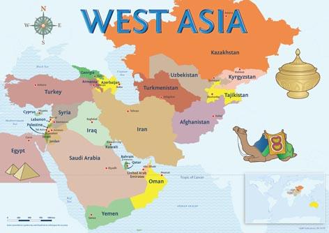 West Asia map, Egypt, Turkey, Saudi Arabia, Iraq, Syria, Iran, Afghanistan, Kazakhstan, Palestine, Lebanon, Egypt