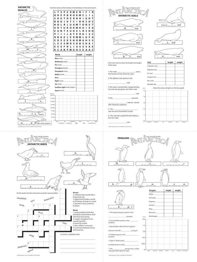 4 Antarctic themed BLM pages, puzzles, crossword, word search, grid, graph