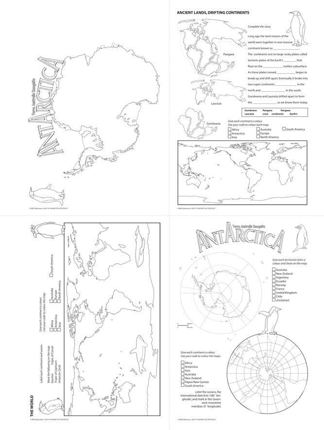 4 BLM Antarctic themes activity pages with maps, poles, Pangaea, Laurasia, Gondwana