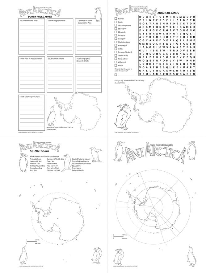 4 Antarctic themed BLM pages with maps, research profiles, word search