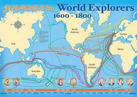 World explorers map poster, 1600–1800