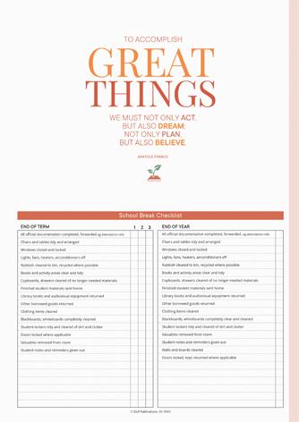 Inspirational quote, end of term/year checklists, terracotta