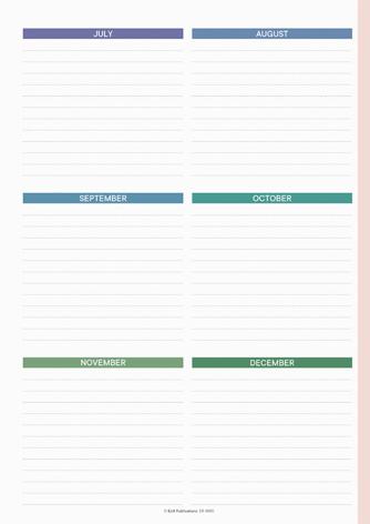 Year overview, right hand page, multi-colour