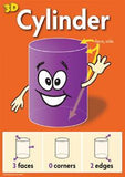 Bright purple cylinder on orange background with eager face, waving hand, and diagrams of faces, corners, edges