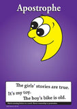 Punctuation poster showing the apostrophe, purple and yellow, with example text.