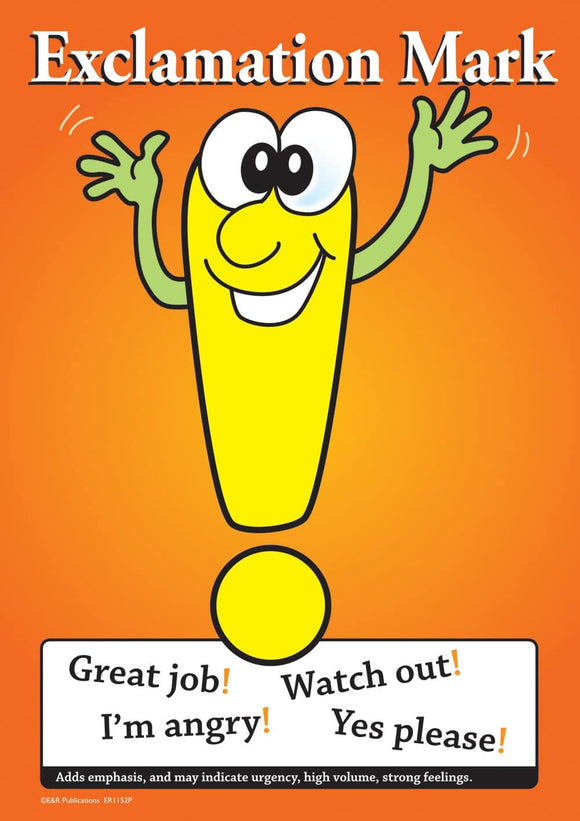 Punctuation poster showing the exclamation mark, orange and yellow, with example text.