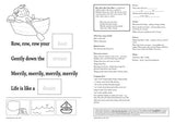 Black and white Row, Row, Row Your Boat children's activity page plus teacher's lesson ideas