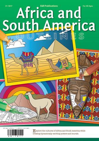Bright illustrations on green background, camels, pyramids, llama in Peru, African mask