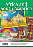 Bright illustrations on green background, camels, pyramids, llama in Peru, African mask