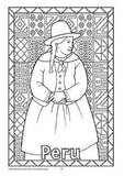 Black and white colouring in page showing girl from Peru in traditional dress, and background of traditional South American patterns