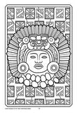Black and white colouring in page showing ancient South American mask, on a background of traditional patterns