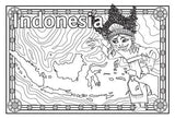 Black and white map of Indonesia with decorative border and background, and Indonesian girl character in traditional dress