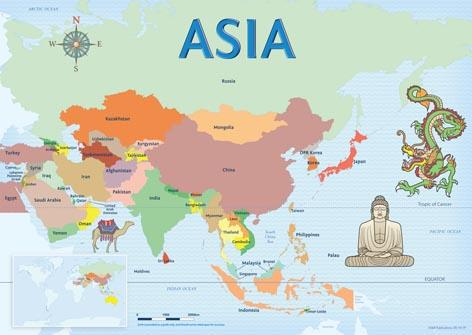 Map of Asia with country borders, camel, Buddha, in relation to Australia