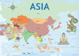 Map of Asia with country borders, camel, Buddha, in relation to Australia