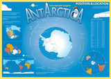 Map of Antarctica on blue background, with diagrams of Pangaea and Gondwana