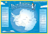 Map of Antarctica on blue background, with information about poles, temperature, peaks, icecaps