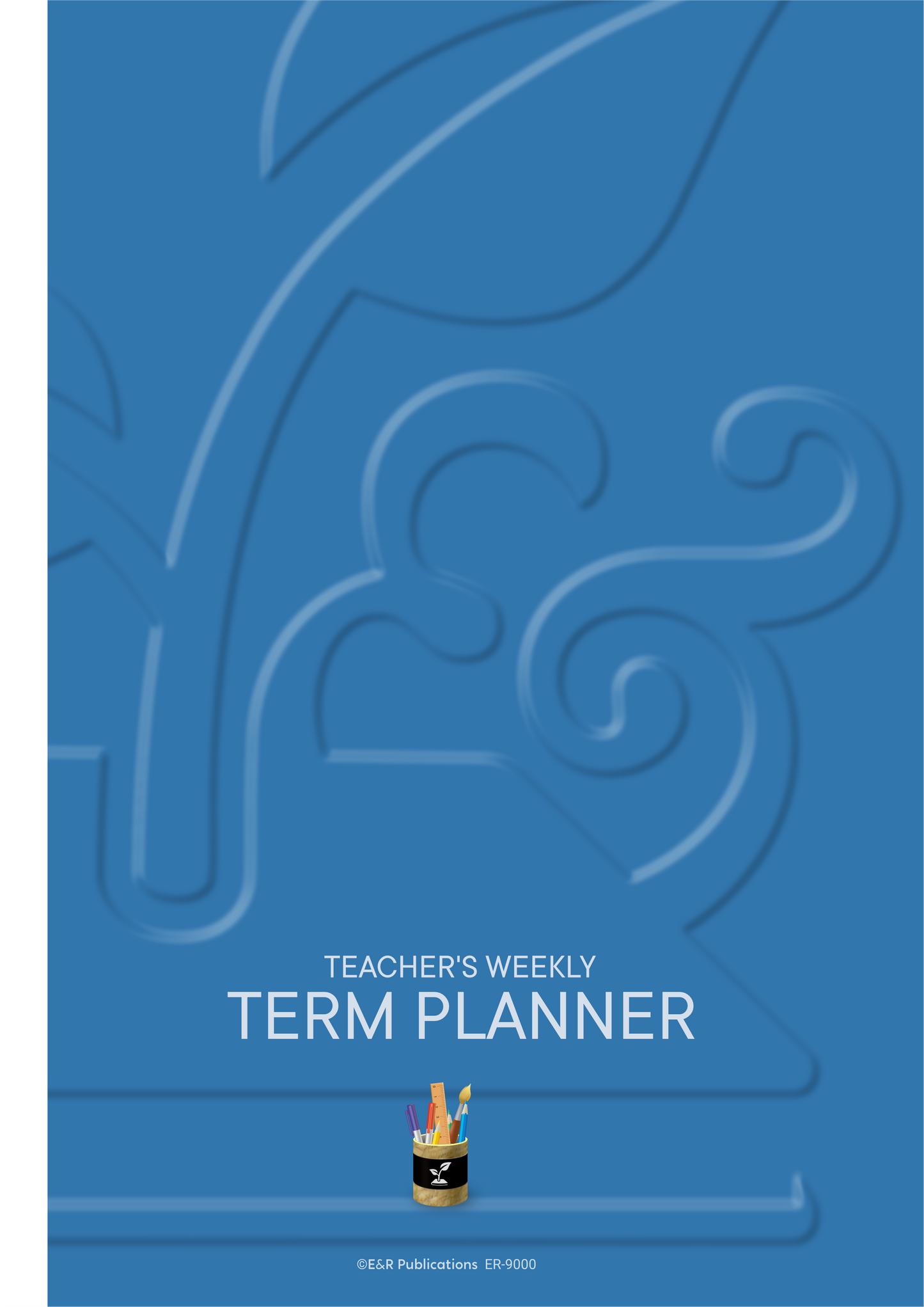 Blue A4 cover with large, blue swirling designs in an embossed effect. Text on the cover reads "Teacher's Weekly Term Planner".