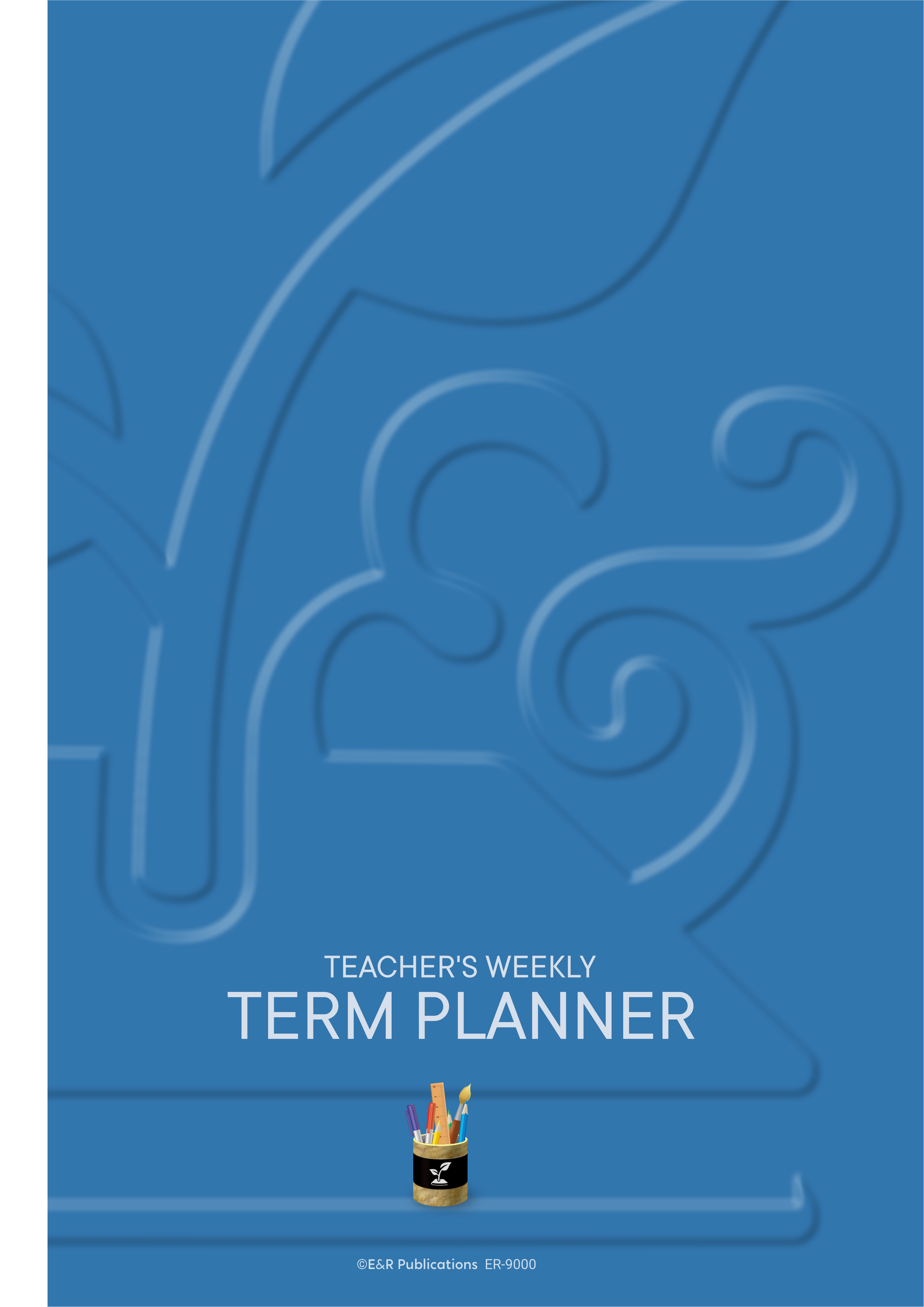 Blue A4 cover with large, blue swirling designs in an embossed effect. Text on the cover reads "Teacher's Weekly Term Planner".