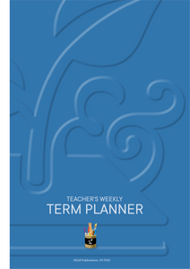 Blue A4 cover with large, blue swirling designs in an embossed effect. Text on the cover reads "Teacher's Weekly Term Planner".