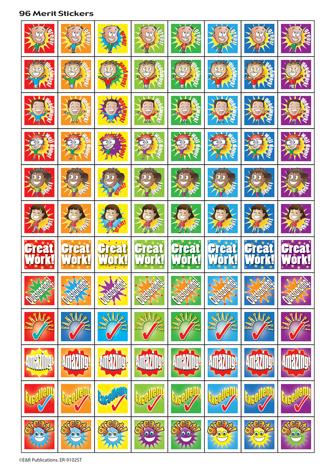 96 brightly coloured reward merit stickers on an A4 sheet